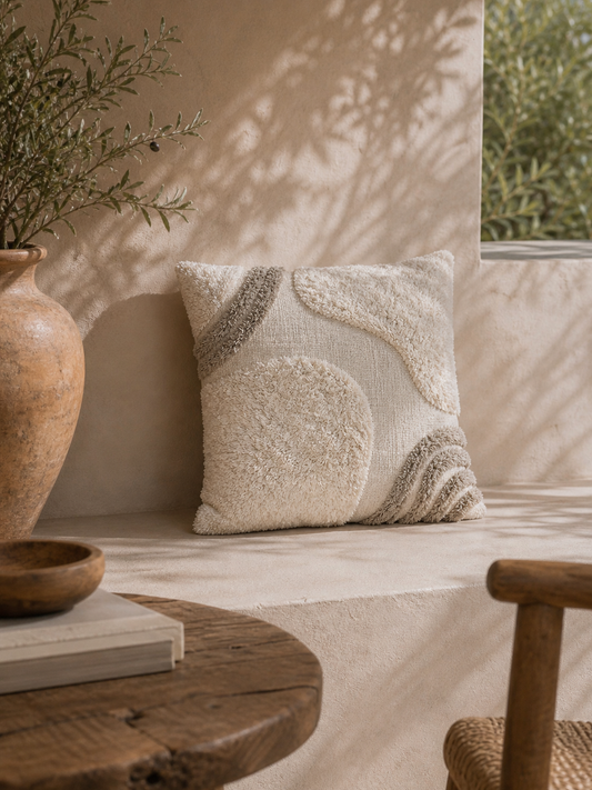 COUSSIN TUFTÉ TAUPE ET CRÈME