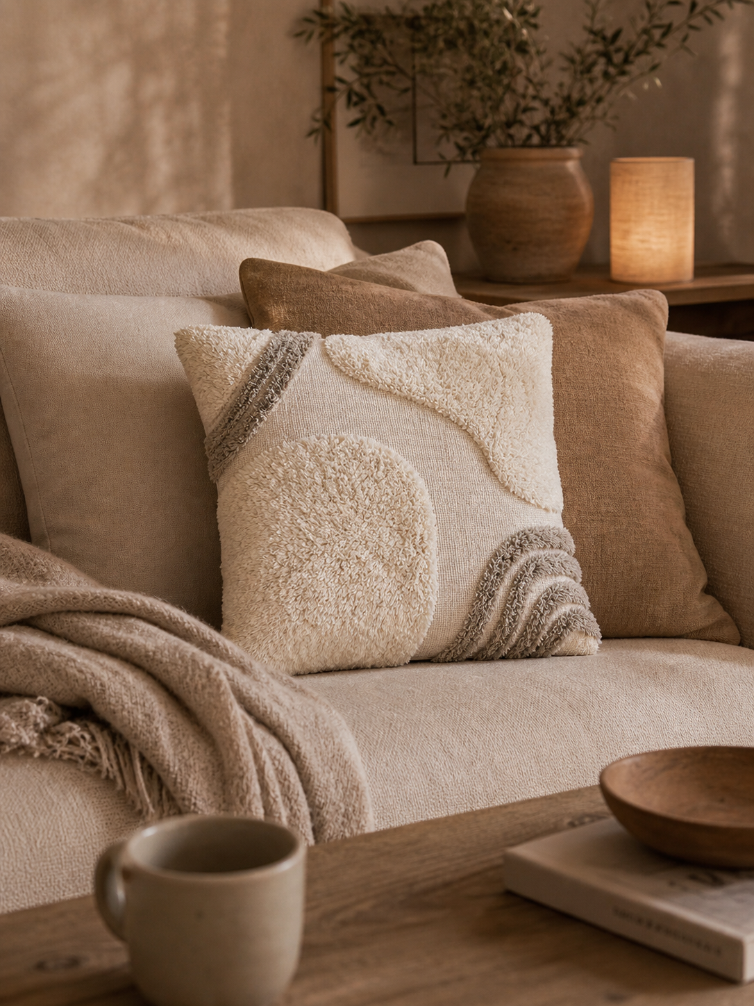 COUSSIN TUFTÉ TAUPE ET CRÈME