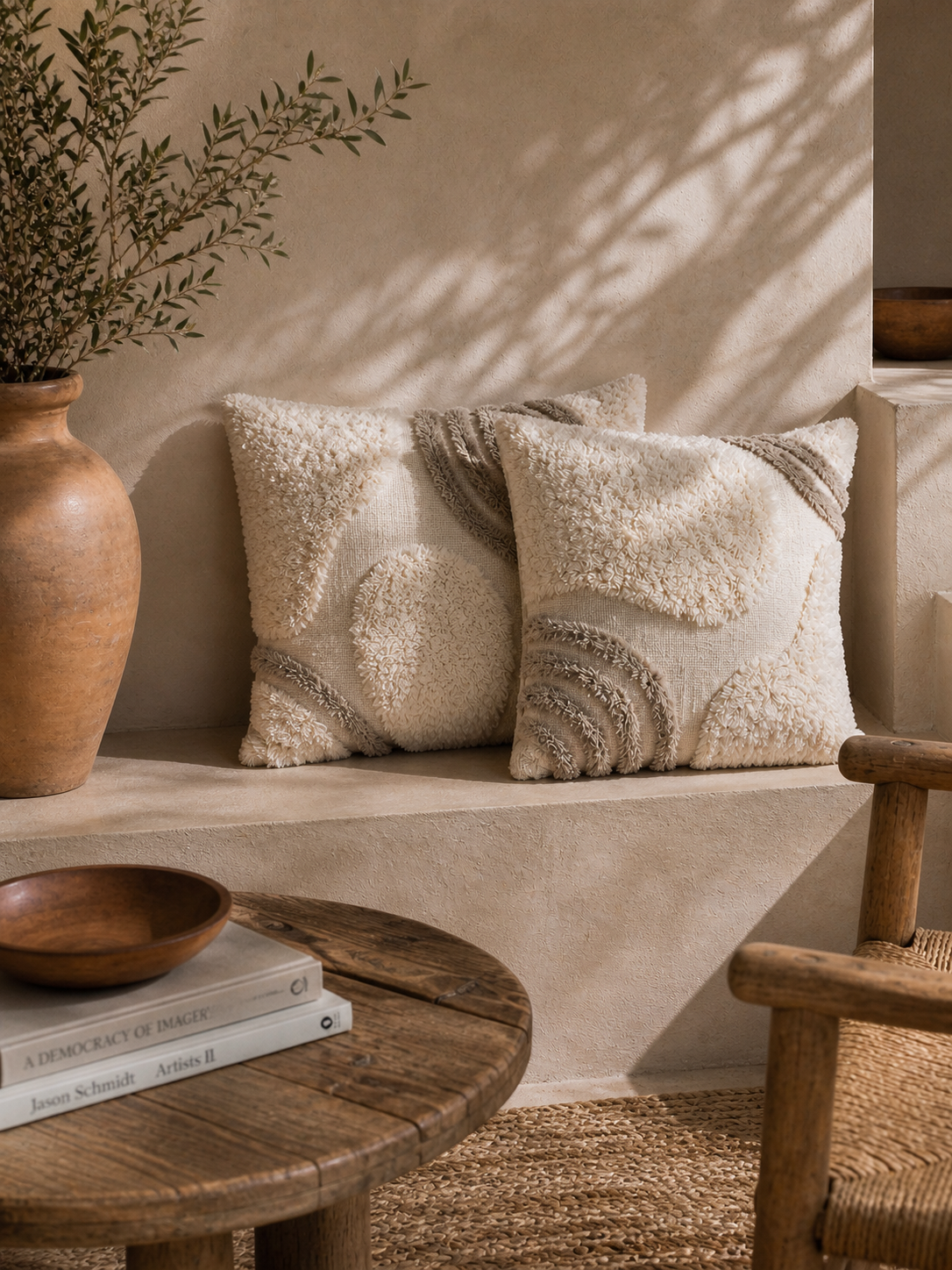 COUSSIN TUFTÉ TAUPE ET CRÈME